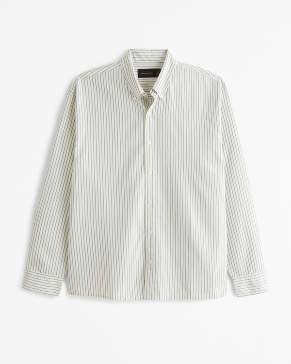 Long-Sleeve Cupro Button-Up Shirt, White Stripe