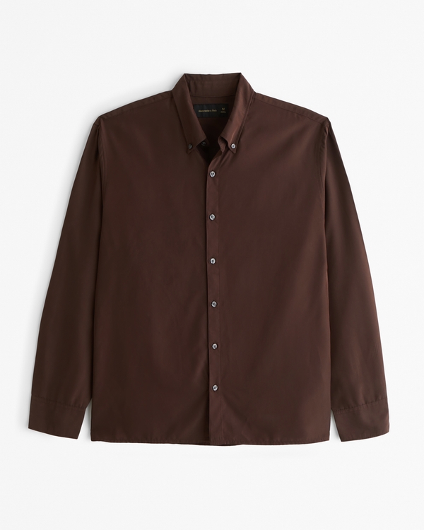 Long-Sleeve Cupro Button-Up Shirt, Coffee