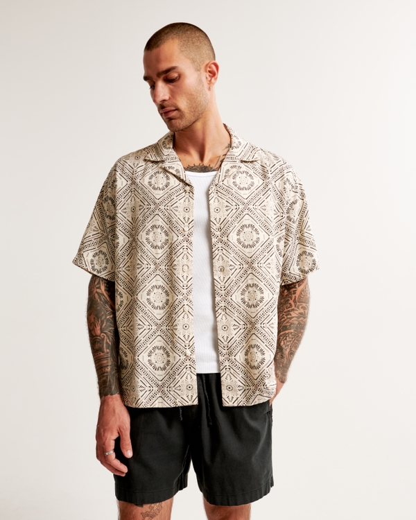 Camp Collar Summer Linen-Blend Shirt, Cream Pattern