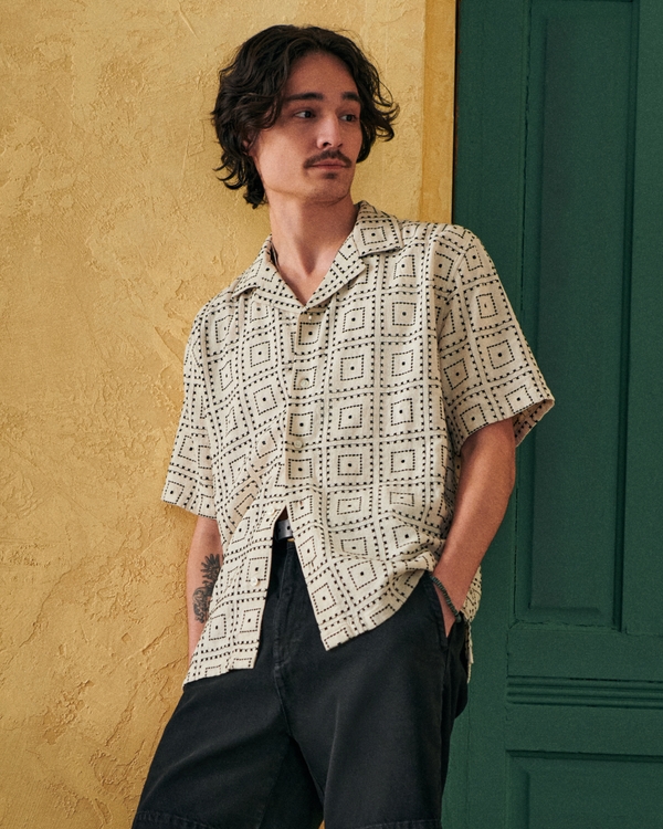 Camp Collar Summer Linen-Blend Embroidered Shirt, Cream Pattern