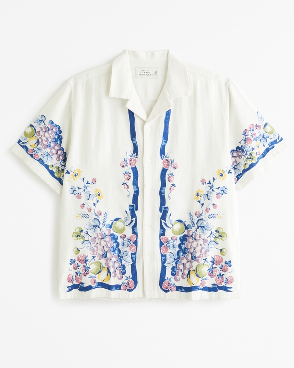 Camp Collar Summer Linen-Blend Embroidered Graphic Shirt, Off White Pattern