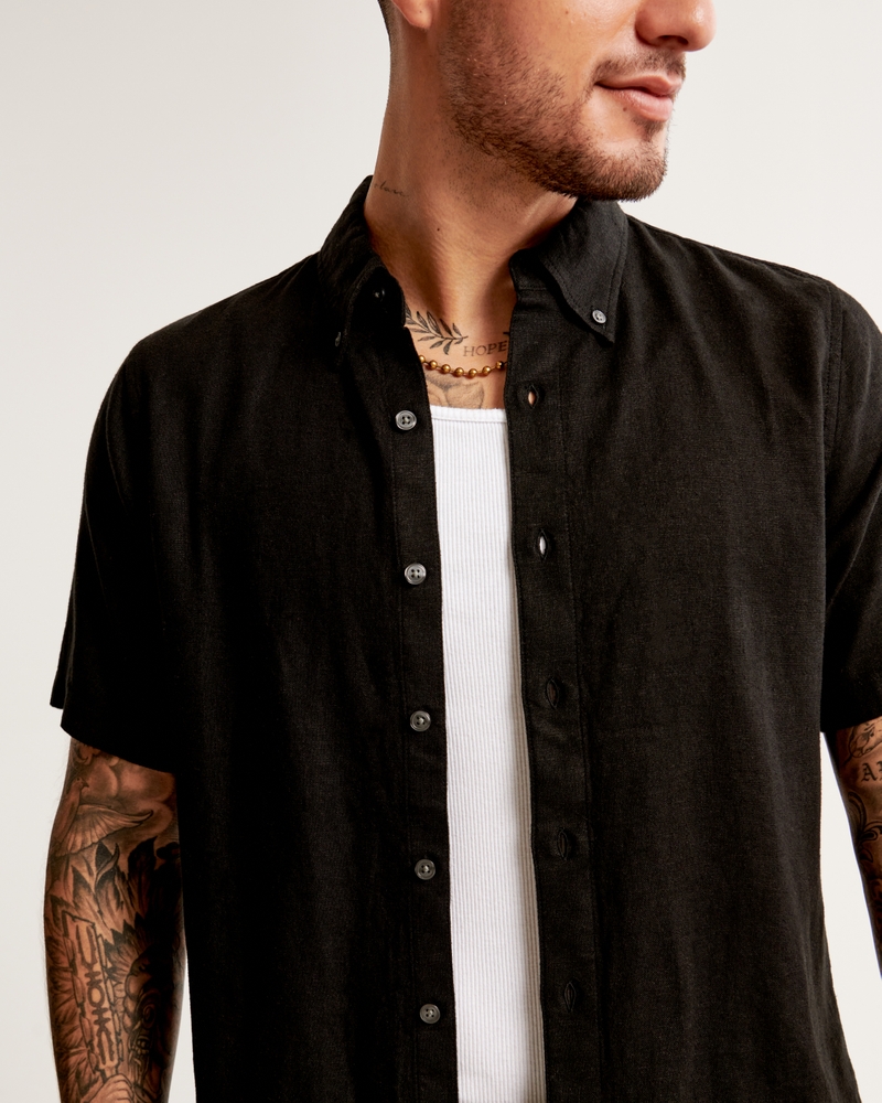 Men's Short-Sleeve Summer Linen-Blend Button-Up Shirt, Men's Tops