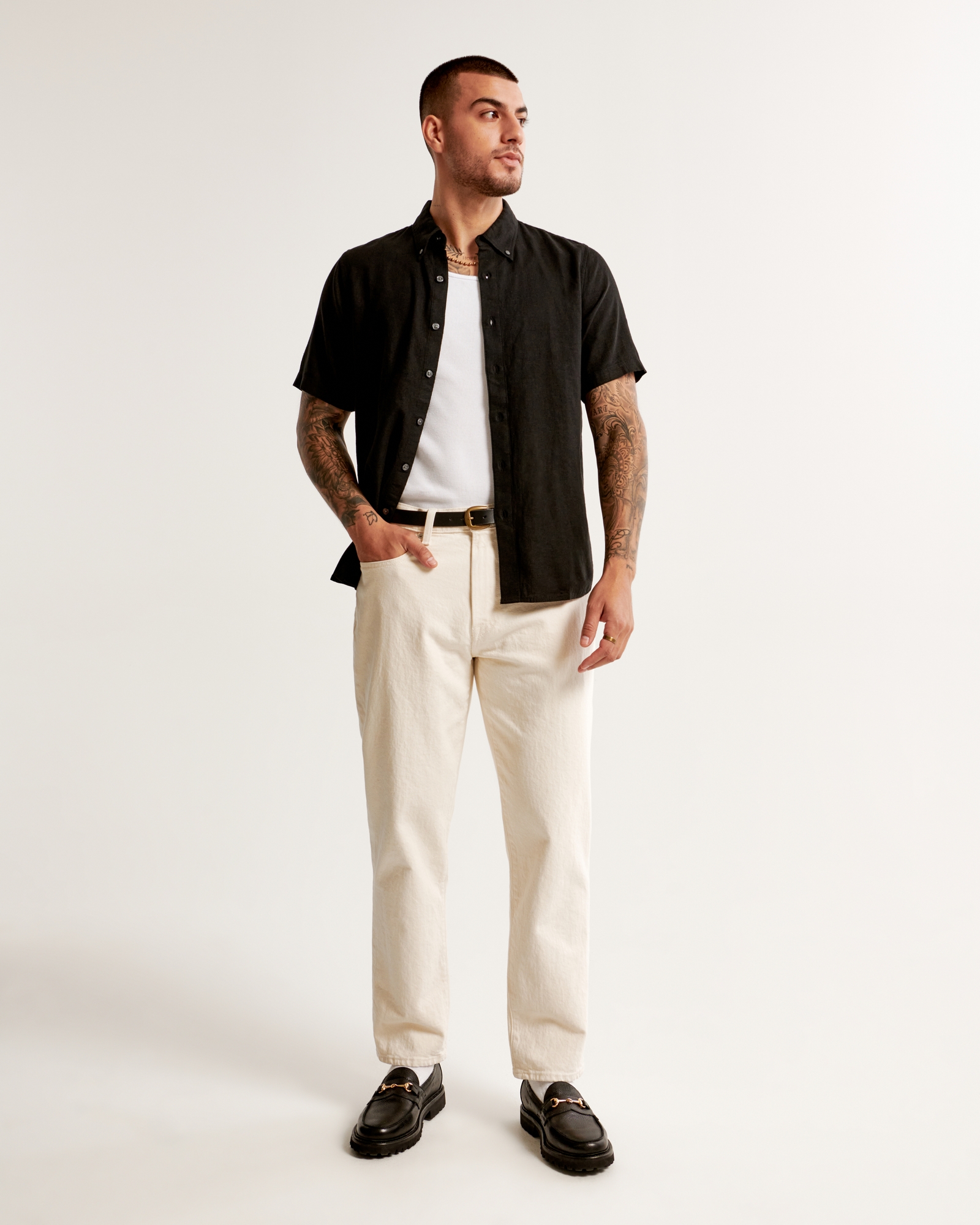 Men's Short-Sleeve Summer Linen-Blend Button-Up Shirt in Black | Size XL Tall | Abercrombie & Fitch