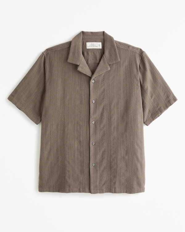 Camp Collar Summer Linen-Blend Shirt, Brown Stripe