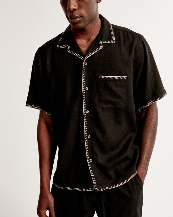 Camp Collar Summer Linen-Blend Shirt, Black Pattern