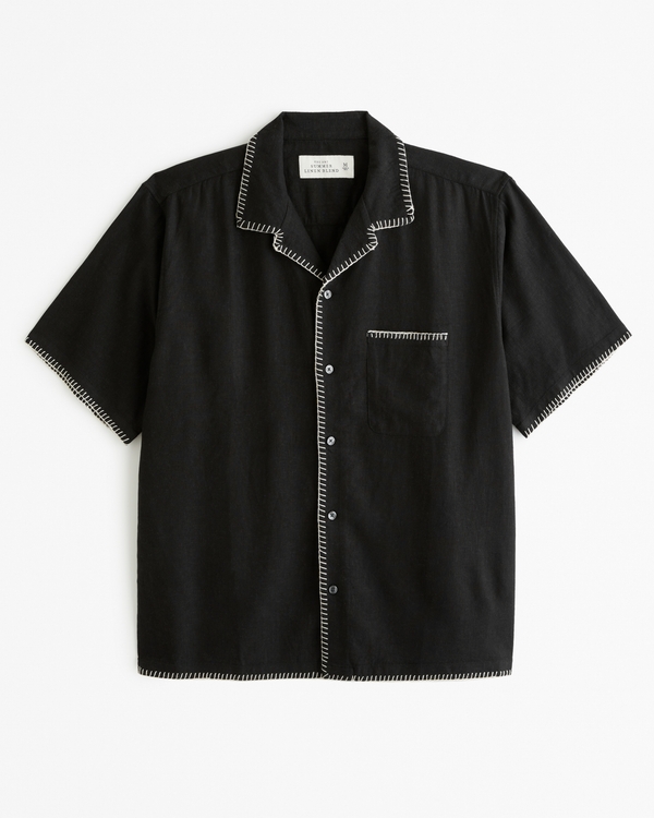 Camp Collar Summer Linen-Blend Shirt, Black Pattern