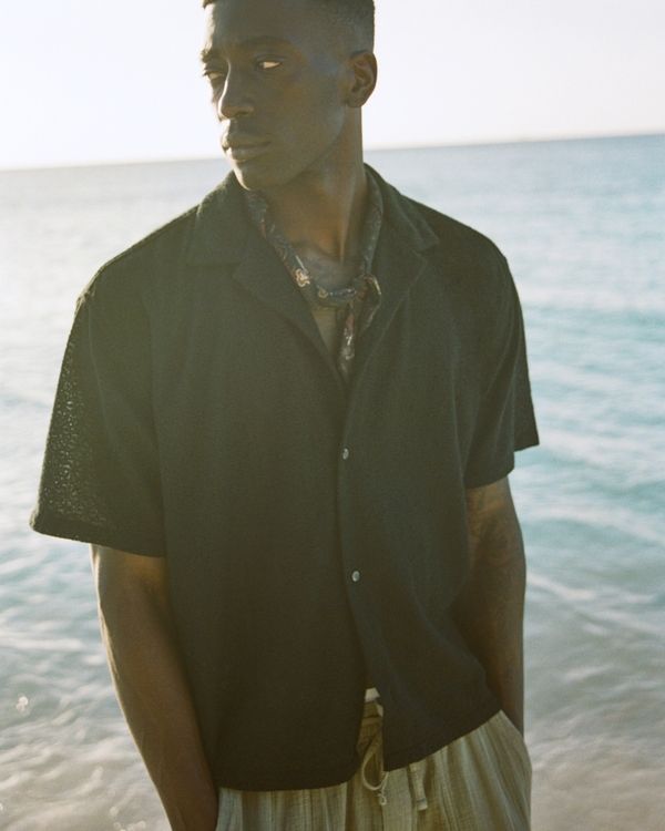 Men's Camp Collar Cropped Lace Shirt | Men's Clearance