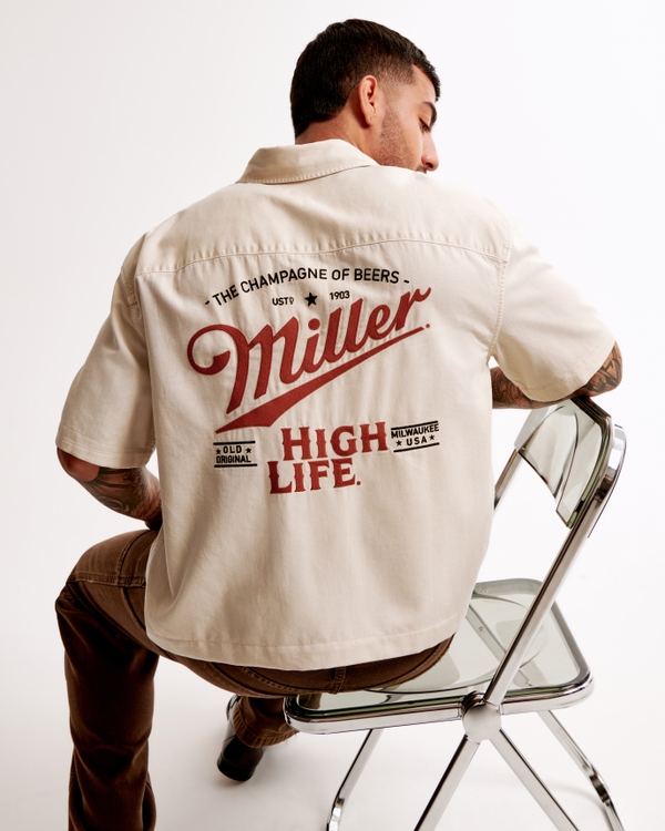 Miller High Life Cropped Graphic Button-Up Shirt, Light Brown
