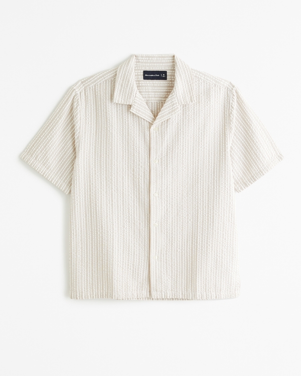 Camp Collar Seersucker Shirt, Feather Gray Stripe