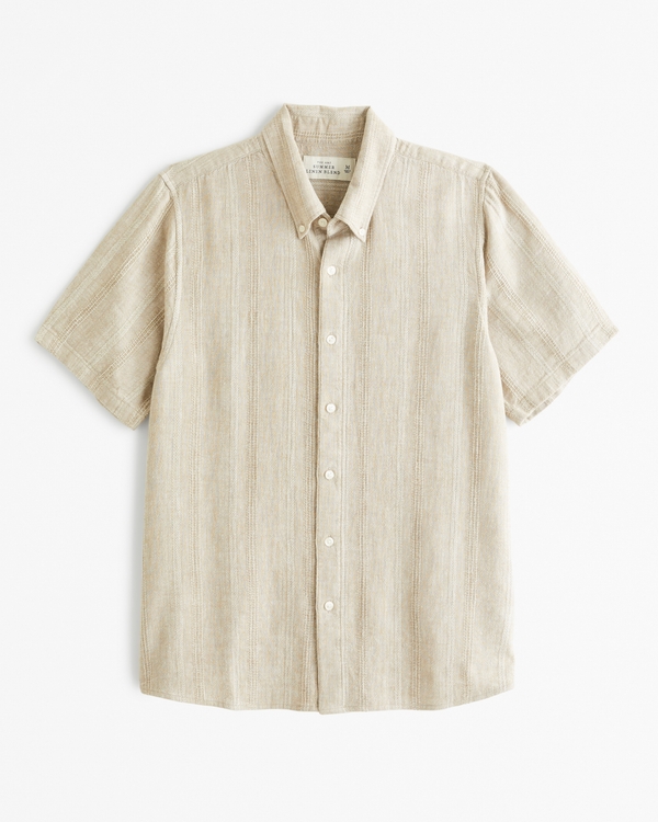 Short-Sleeve Summer Linen-Blend Button-Up Shirt, Light Brown Stripe