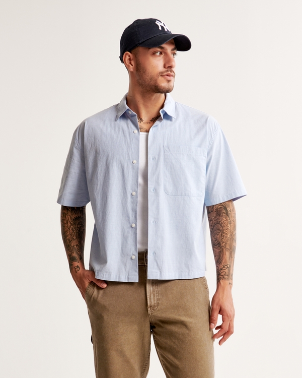 Short-Sleeve Cropped Poplin Button-Up Shirt, Light Blue