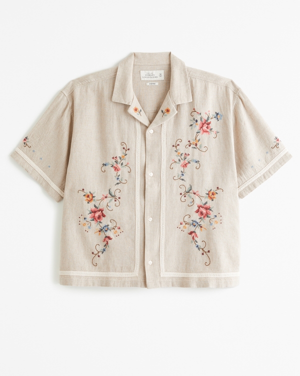 Camp Collar Cropped Summer Linen-Blend Embroidered Shirt, Beige