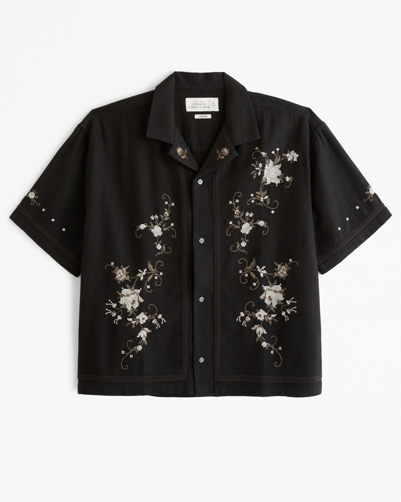 Men's Camp Collar Cropped Summer Linen-Blend Embroidered Shirt | Men's ...