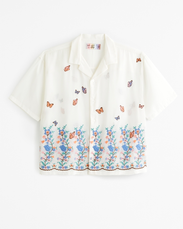 Pride Camp Collar Cropped Sheer Embroidered Shirt, Cream Floral