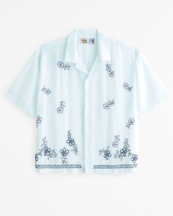 Pride Camp Collar Cropped Sheer Embroidered Shirt, Light Blue