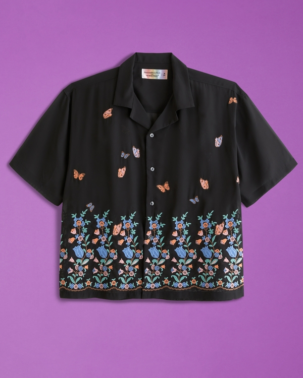 Pride Camp Collar Cropped Sheer Embroidered Shirt, Black Floral