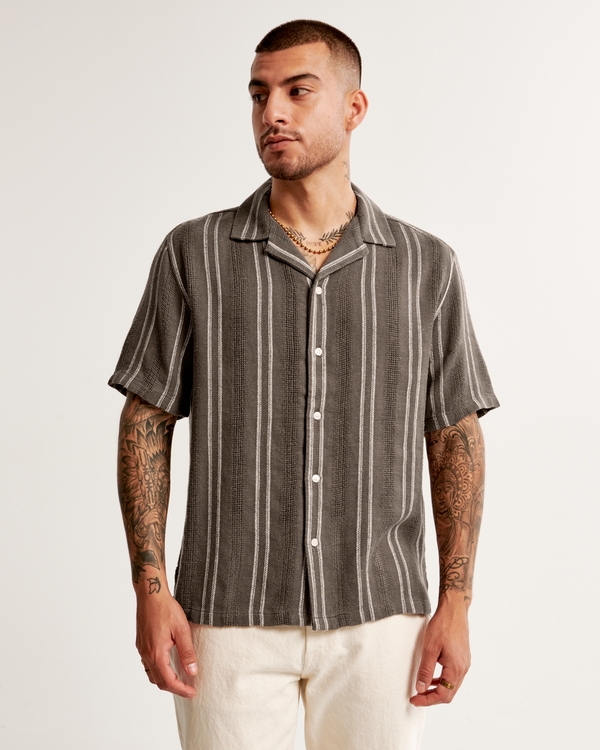 Camp Collar Linen-Blend Shirt, Dark Brown Stripe
