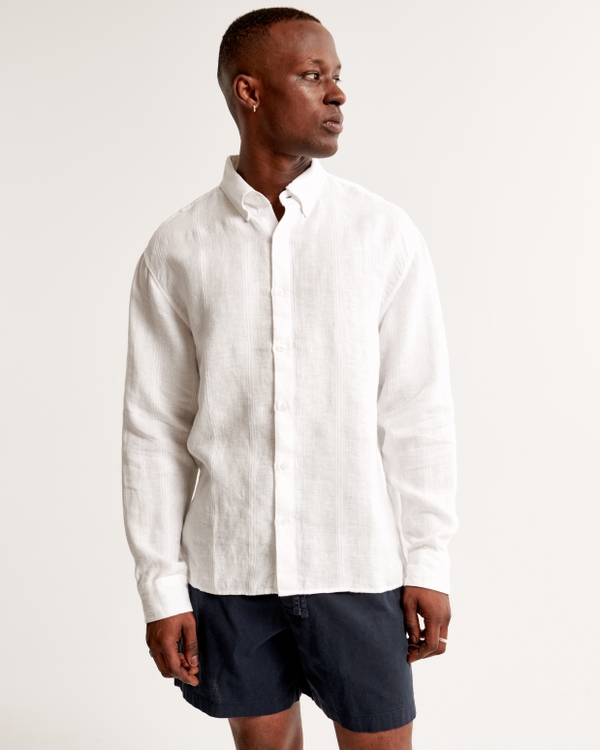 Summer Linen-Blend Button-Up Shirt, White Stripe