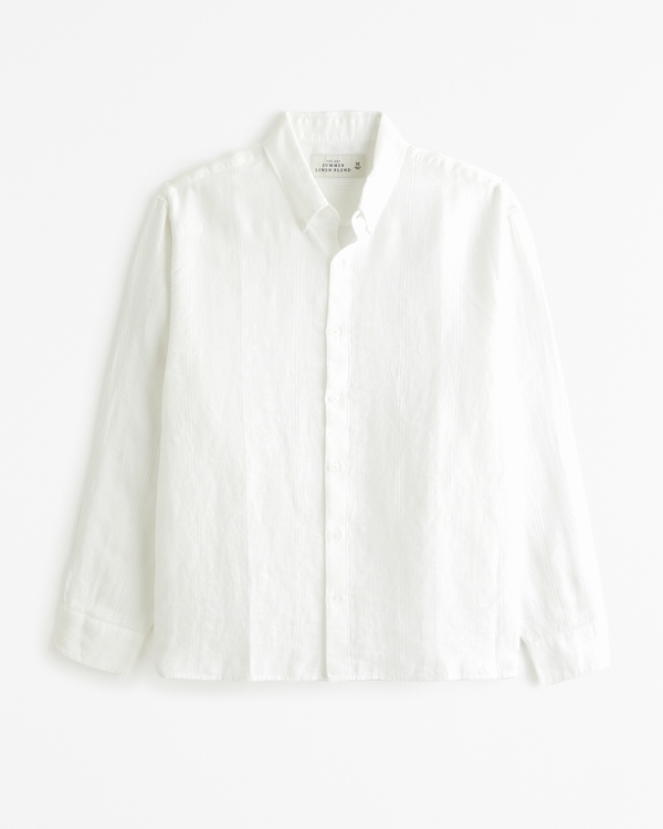 Summer Linen-Blend Button-Up Shirt, White Stripe