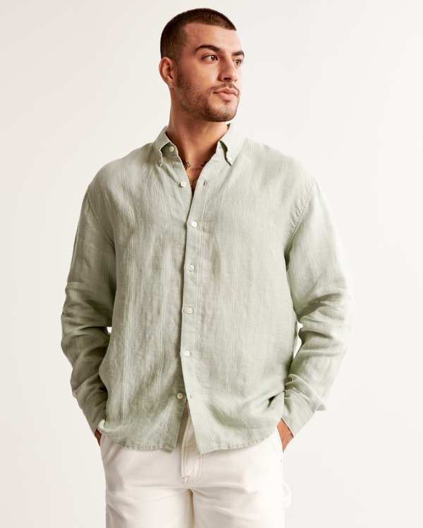 Summer Linen-Blend Button-Up Shirt, Light Green Stripe
