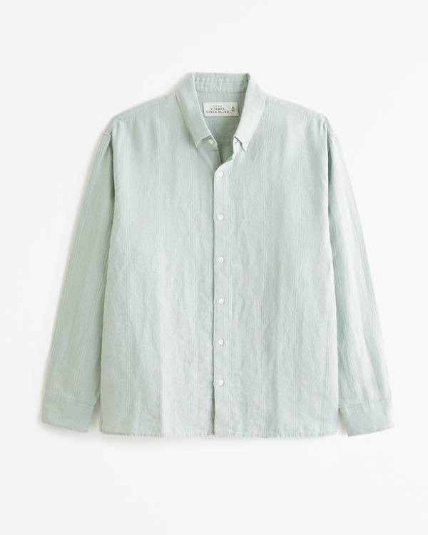 Summer Linen-Blend Button-Up Shirt, Light Green Stripe