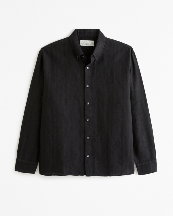 Summer Linen-Blend Button-Up Shirt, Black Stripe