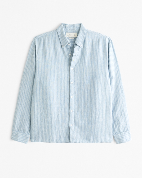 Linen Button-Up Shirt, Light Blue Stripe