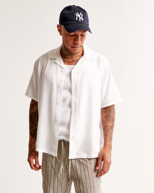 Camp Collar Waffle Button-Up Shirt, White