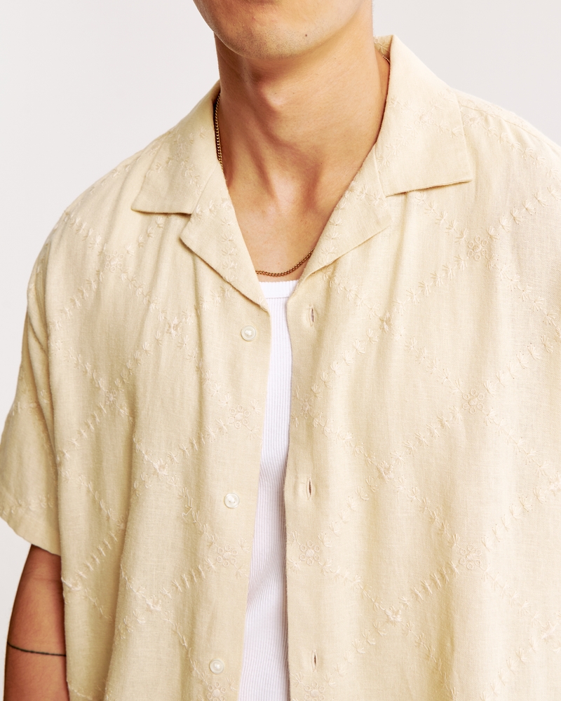 Camp Collar Cropped Summer Linen-Blend Embroidered Shirt