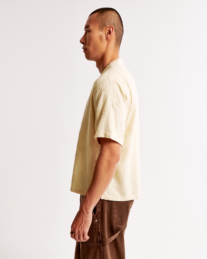 Camp Collar Cropped Summer Linen-Blend Embroidered Shirt