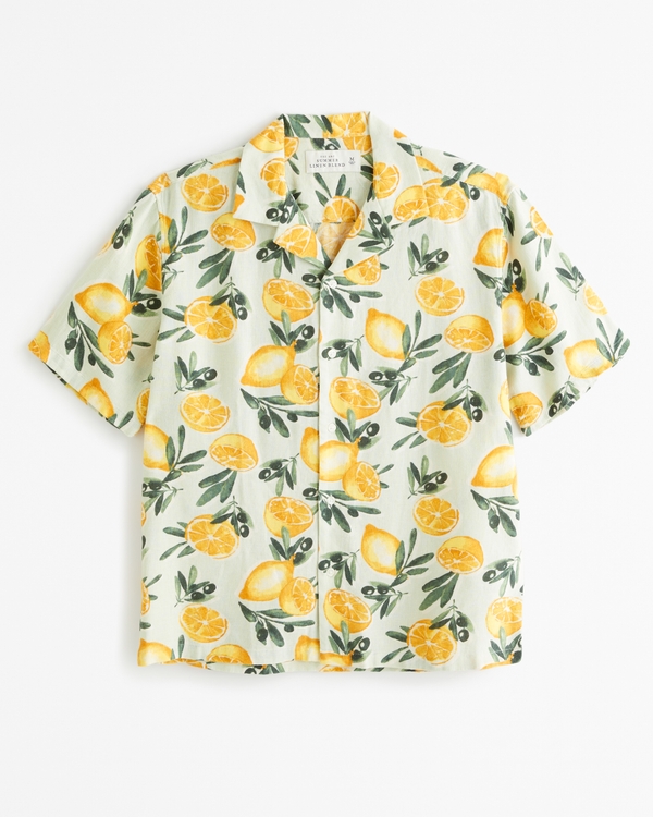 Camp Collar Summer Linen-Blend Shirt, Light Green Pattern