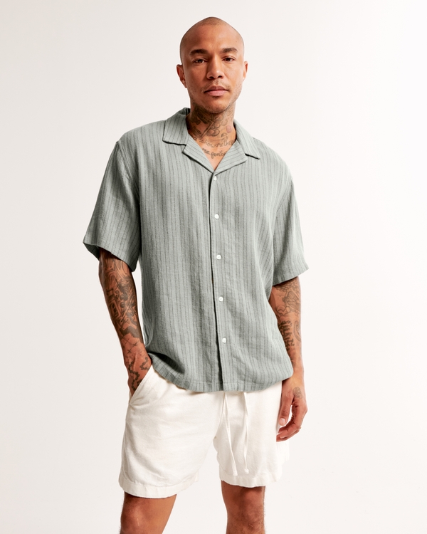 Camp Collar Summer Linen-Blend Shirt, Green Stripe