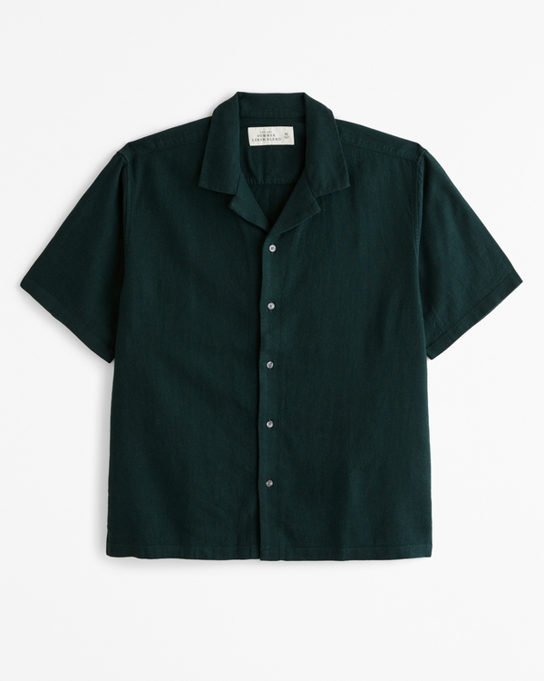 Camp Collar Summer Linen-Blend Shirt, Dark Green
