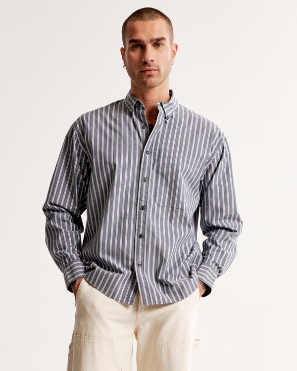 90s Oversized Poplin Shirt, Grey Stripe