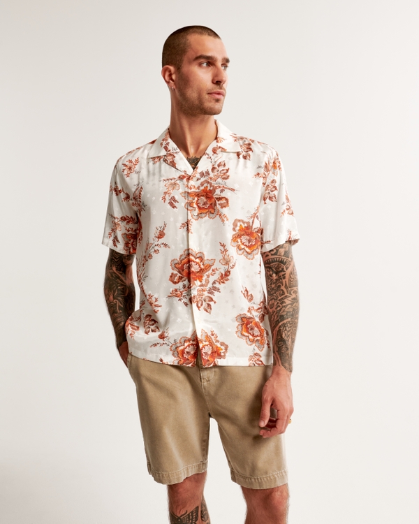 Camp Collar Silky Textured Shirt, White Floral