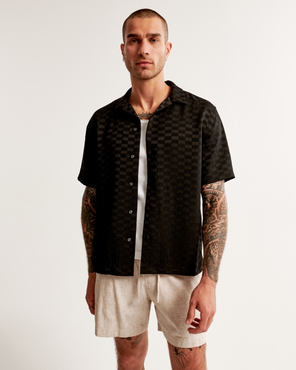 Camp Collar Silky Textured Shirt, Black Pattern