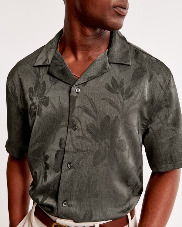 Camp Collar Silky Button-Up Shirt, Dark Green Floral