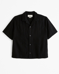 Camp Collar Cropped Summer Linen-Blend Embroidered Shirt