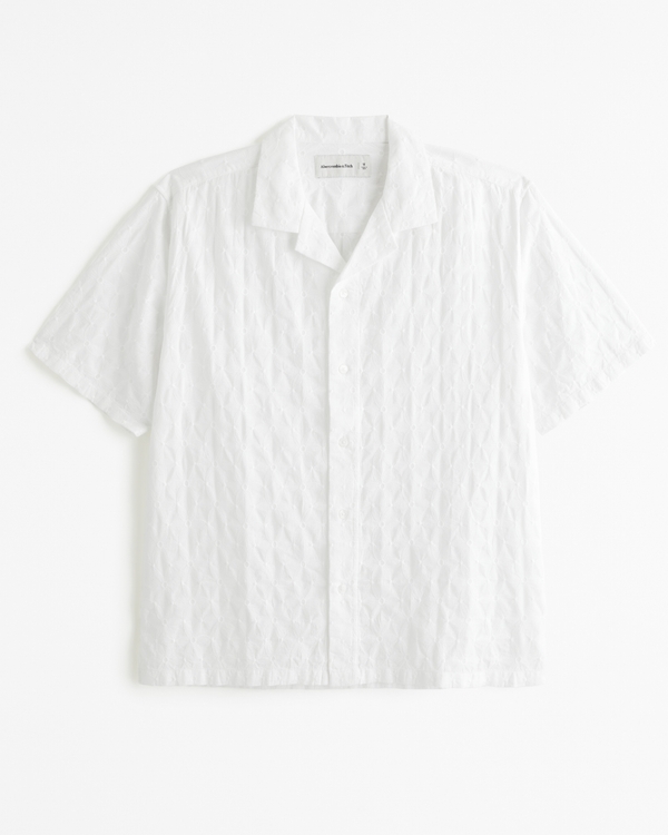 Camp Collar Embroidered Button-Up Shirt, White