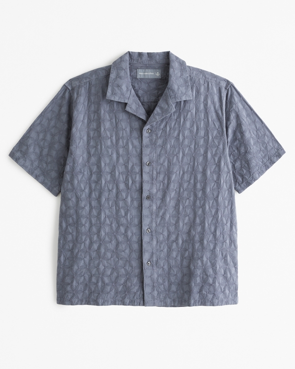 Camp Collar Embroidered Button-Up Shirt, Gray