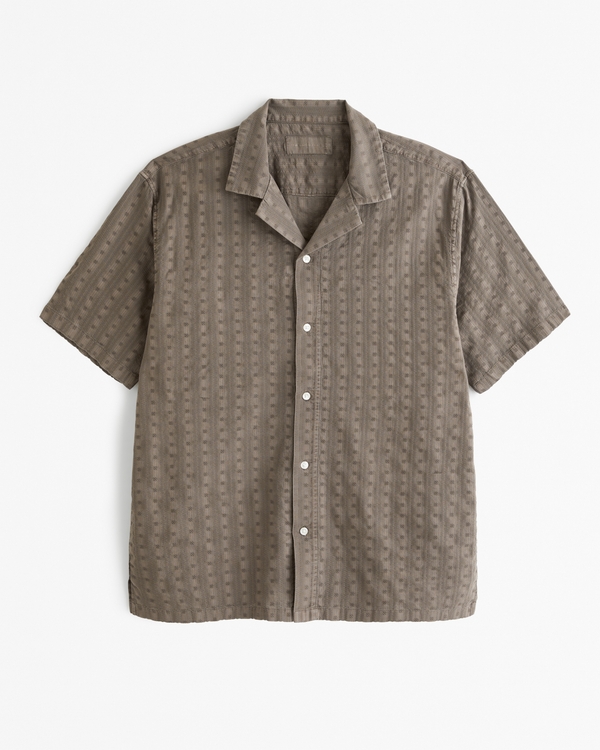 Camp Collar Embroidered Button-Up Shirt, Brown