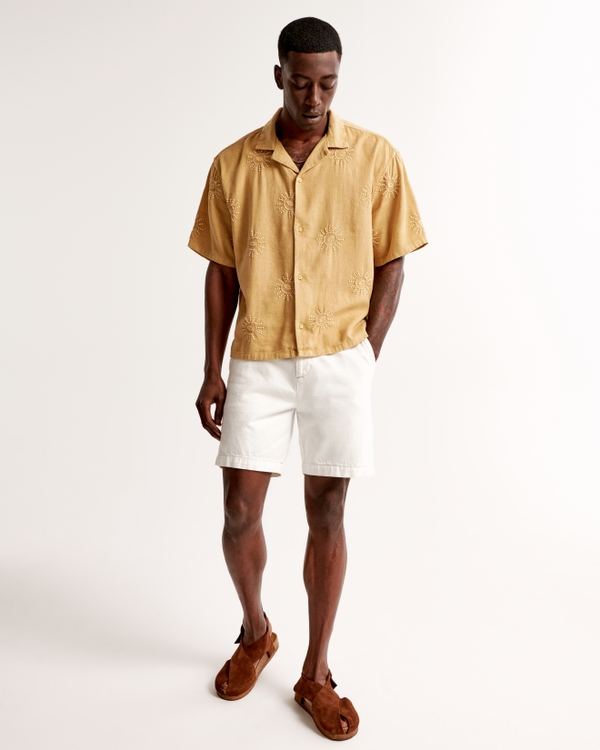 Camp Collar Cropped Summer Linen-Blend Embroidered Shirt, Dark Yellow Pattern