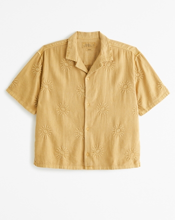 Men's Camp Collar Cropped Summer Linen-Blend Embroidered Shirt | Men's ...