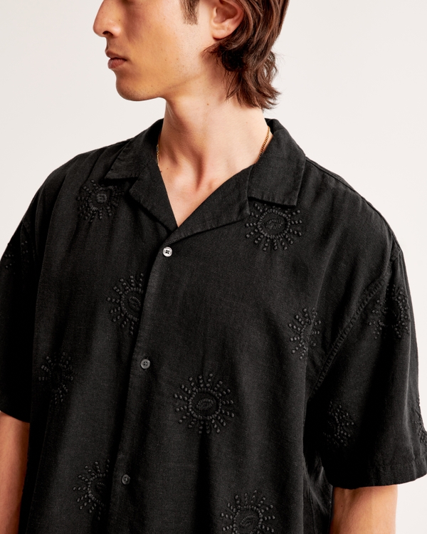 Camp Collar Cropped Summer Linen-Blend Embroidered Shirt, Black Pattern