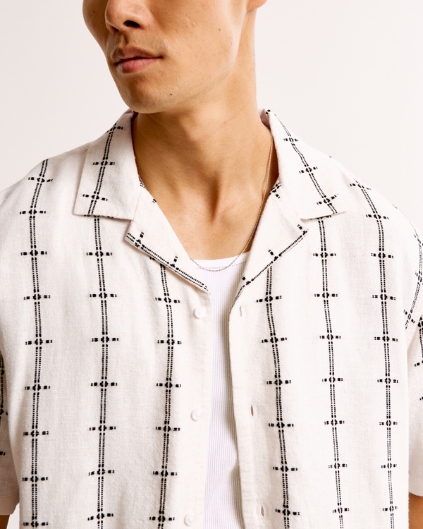 Camp Collar Summer Linen-Blend Embroidered Shirt, Cream Stripe view 2