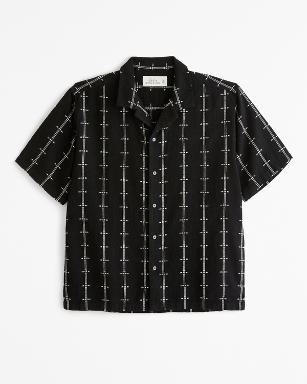 Camp Collar Summer Linen-Blend Embroidered Shirt, Black Stripe view 1
