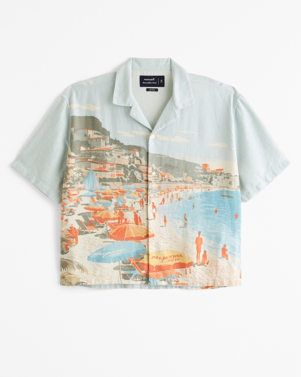 Camp Collar Cropped Linen-Blend Palm Tree Music Festival Shirt, Blue Pattern
