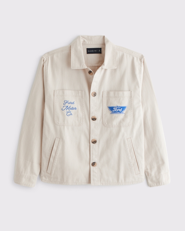 Twill Graphic Shirt Jacket, Cream