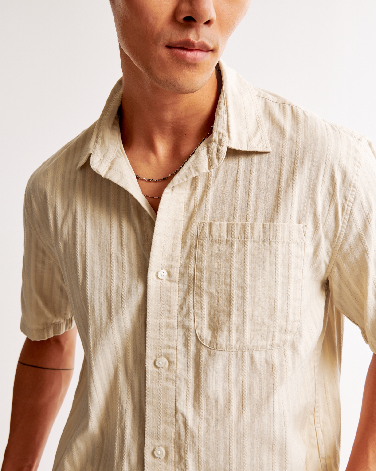 Short-Sleeve Cropped Textured Button-Up Shirt