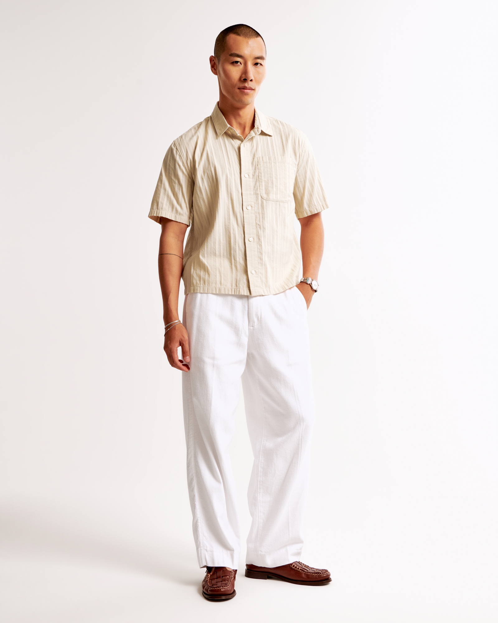 Short-Sleeve Cropped Textured Button-Up Shirt